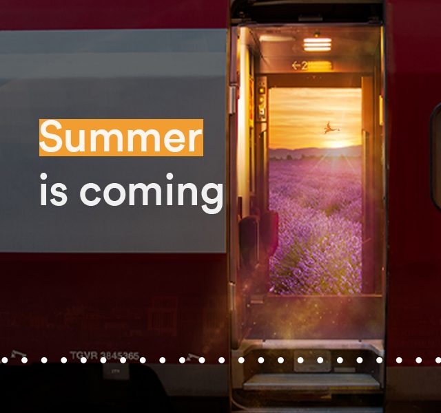 Thalys train door opening onto lavender fields with a hidden dragon